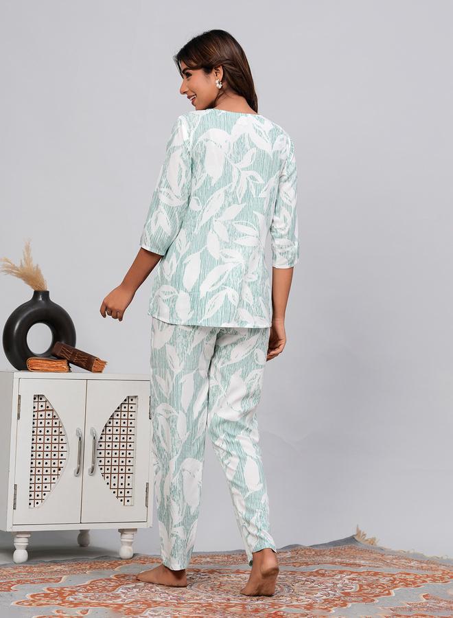 Take Two Women Leaf Print Top and Pyjama Set - Image 3